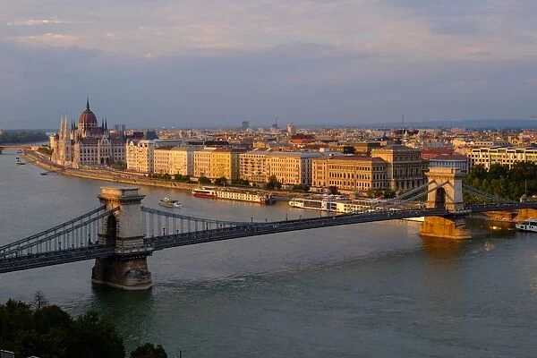 View of Pest, the Danube River and the Chain bridge (Szechenyi hid), from Buda Castle