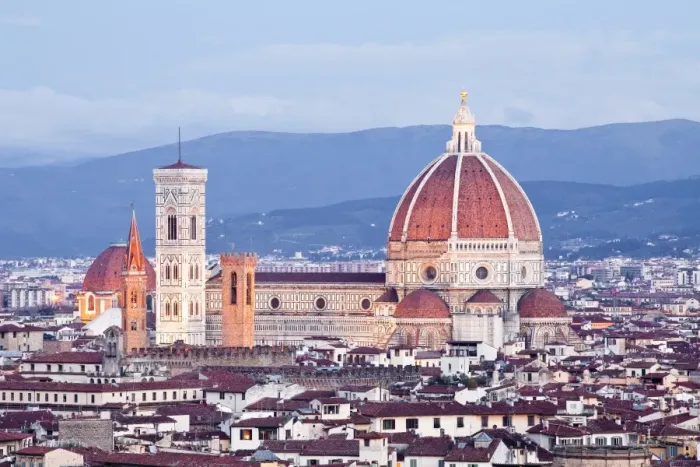 Framed Print : The view from Piazzale Michelangelo over to the historic city of Florence with the dome of Basilica di Santa Maria del Fiore (Duomo) lit up, Florence, UNESCO World Heritage Site, Tuscany, Italy, Europe