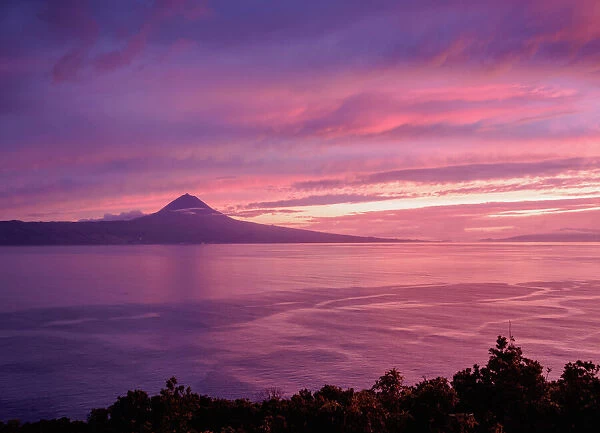 View towards the Pico Island at sunset, Sao Jorge Island, Azores, Portugal, Atlantic