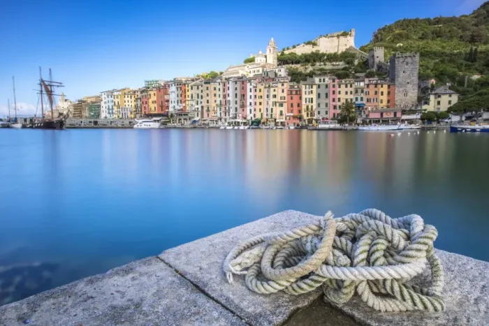 Framed Print : View from the pier of blue sea which frames the typical colored houses of Portovenere Framed Print : View from the pier of blue sea which frames the typical colored houses of Portovenere