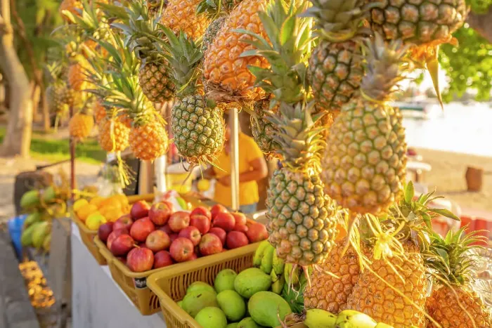 Framed Print : View of pineapples and apples on fruit stall in Grand Bay at golden hour, Mauritius, Indian Ocean, Africa Framed Print : View of pineapples and apples on fruit stall in Grand Bay at golden hour, Mauritius, Indian Ocean, Africa