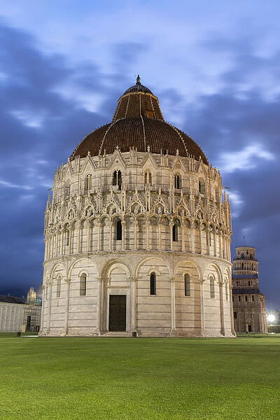 Front view of Pisa Baptistery of St. John at dusk, Piazza dei Miracoli (Piazza del Duomo)