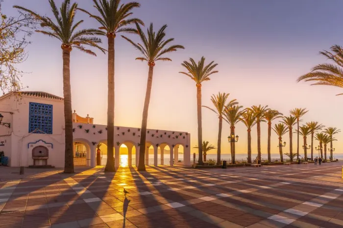 Framed Print : View of Plaza Balcon De Europa at sunrise in Nerja, Costa del Sol, Malaga Province, Andalusia, Spain, Mediterranean, Europe Framed Print : View of Plaza Balcon De Europa at sunrise in Nerja, Costa del Sol, Malaga Province, Andalusia, Spain, Mediterranean, Europe