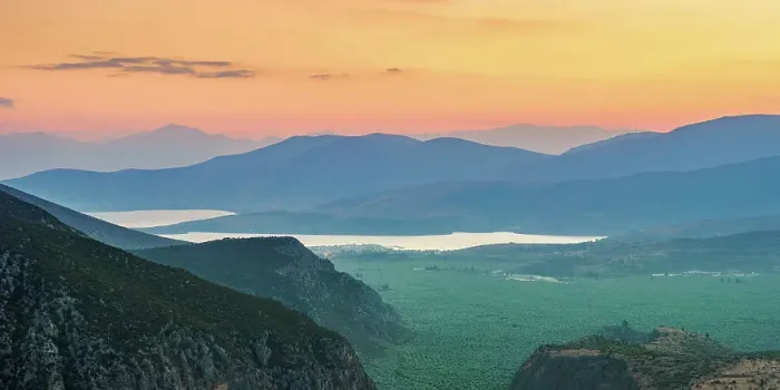 Framed Print : View over the Pleistos River Valley towards the Gulf of Corinth at dusk, Delphi, Phocis, Greece, Europe Framed Print : View over the Pleistos River Valley towards the Gulf of Corinth at dusk, Delphi, Phocis, Greece, Europe