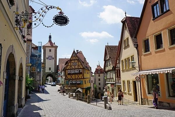 View from Plonlein towards Siebers Tower on left and the Kobokzell gate on right, Rothenburg ob der Tauber, Romantic Road, Franconia, Bavaria, Germany, Europe