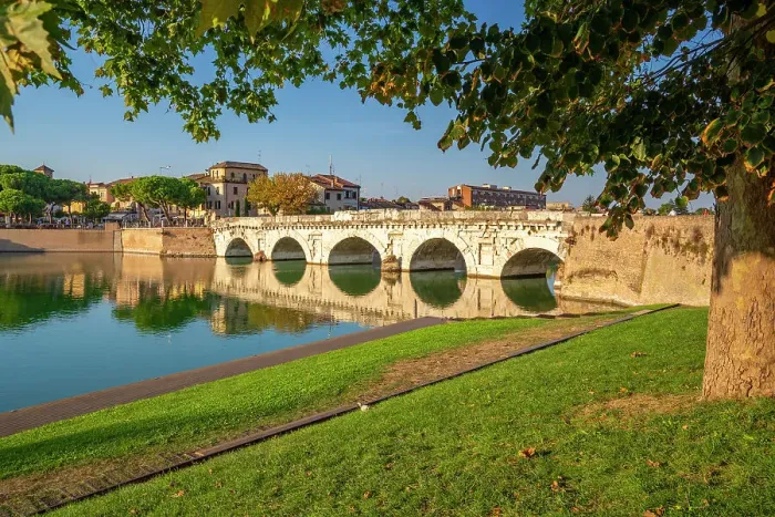 Framed Print : View of Ponte di Tiberio reflecting in Rimini Canal, Rimini, Emilia-Romagna, Italy, Europe Framed Print : View of Ponte di Tiberio reflecting in Rimini Canal, Rimini, Emilia-Romagna, Italy, Europe
