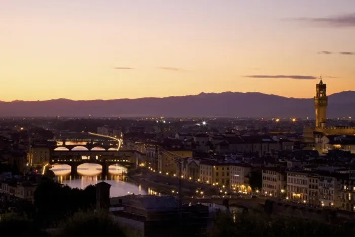 Framed Print : View of Ponte Vecchio, River Arno and Palazzo Vecchio in evening light from Piazzale Michelangelo Framed Print : View of Ponte Vecchio, River Arno and Palazzo Vecchio in evening light from Piazzale Michelangelo