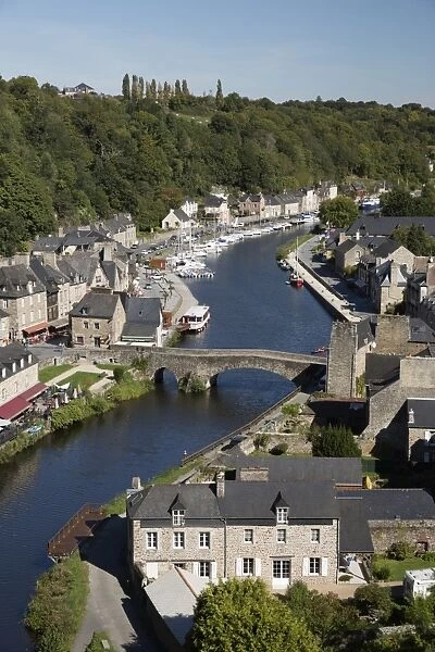View over the port and River Rance with the Pont Gothique, Dinan, Cotes d Armor, Brittany