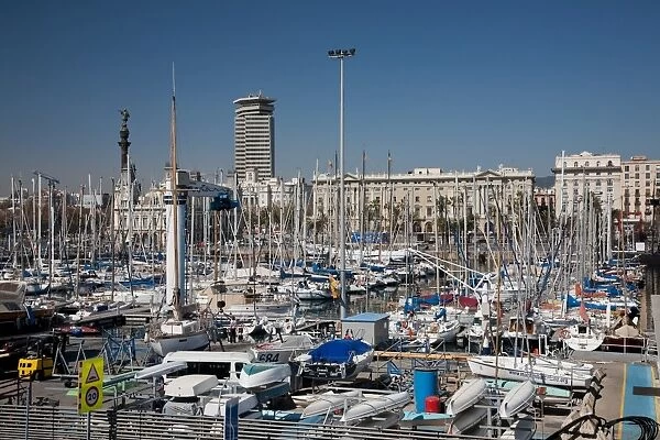 View of Port Vell showing Columbus monument, Barcelona, Catalonia, Spain, Europe