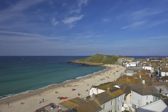 Framed Print : View of Porthmeor beach in summer from Tate Gallery, St. Ives, Cornwall