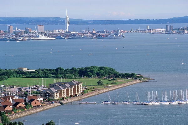 View from Portsdown Hill towards city and Spinnaker Towr, Portsmouth, Hampshire