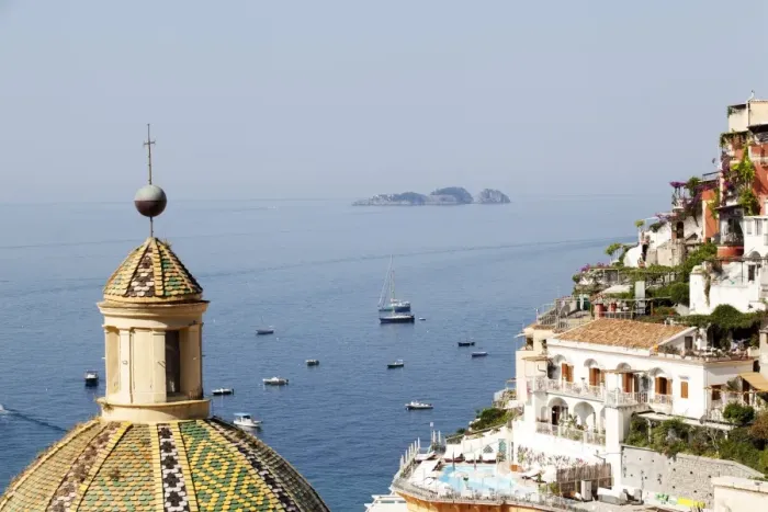 Framed Print : View of Positano with the typical majolica dome of Santa Maria Assunta, Costiera Amalfitana, UNESCO World Heritage Site, Campania, Italy, Europe
