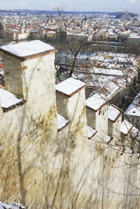 Framed Print : View of Prague from snow-covered Gothic Hunger Wall on Petrin Hill, Mala Strana Framed Print : View of Prague from snow-covered Gothic Hunger Wall on Petrin Hill, Mala Strana