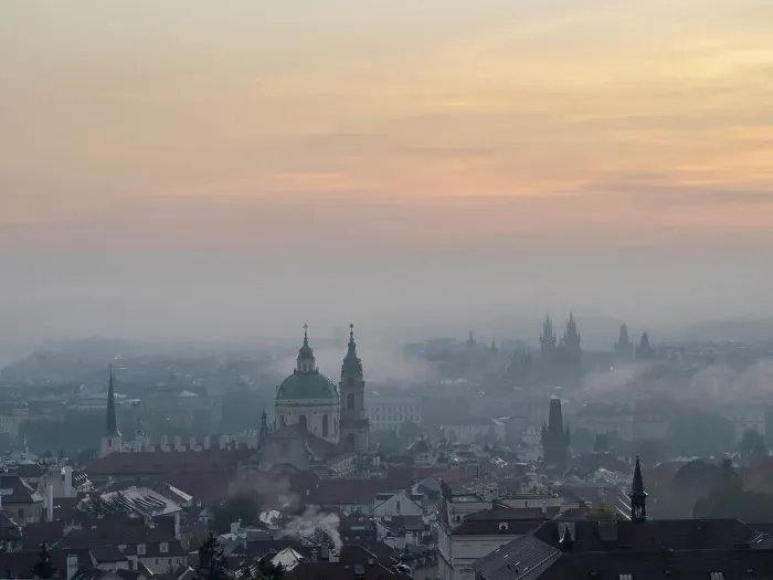 Framed Print : View of Prague spires and towers in morning mist from Petrin Hill, Prague, Czechia (Czech Republic), Europe Framed Print : View of Prague spires and towers in morning mist from Petrin Hill, Prague, Czechia (Czech Republic), Europe