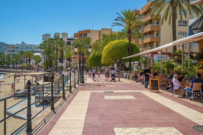 Framed Print : View of promenade and Playa De Santa Eulalia, Santa Eularia des Riu, Ibiza, Balearic Islands, Spain, Mediterranean, Europe Framed Print : View of promenade and Playa De Santa Eulalia, Santa Eularia des Riu, Ibiza, Balearic Islands, Spain, Mediterranean, Europe