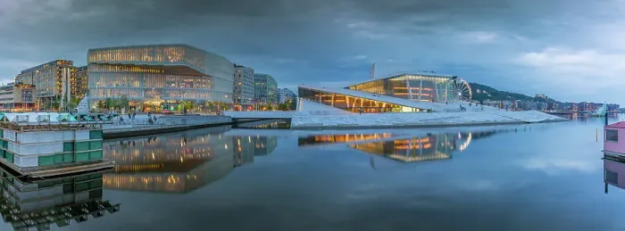 Framed Print : View of Public Library and Oslo Opera House reflecting in harbour on cloudy evening, Oslo, Norway, Scandinavia, Europe Framed Print : View of Public Library and Oslo Opera House reflecting in harbour on cloudy evening, Oslo, Norway, Scandinavia, Europe