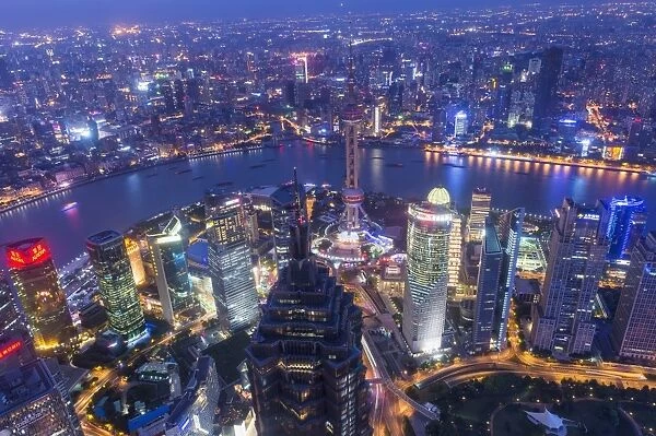 View over Pudong financial district at night, Shanghai, China, Asia