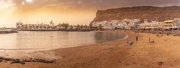 View of Puerto de Mogan beach and town at golden hour, Playa de Puerto Rico, Gran Canaria, Canary Islands, Spain, Atlantic, Europe