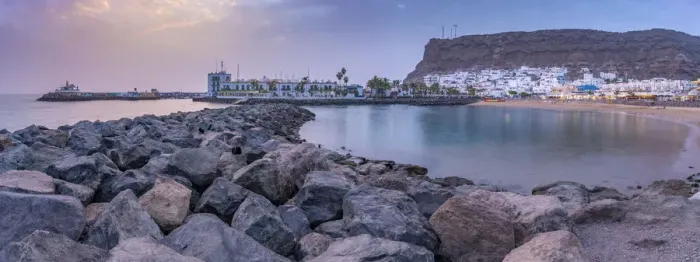 Framed Print : View of Puerto de Mogan beach and town at sunset, Playa de Puerto Rico, Gran Canaria, Canary Islands, Spain, Atlantic, Europe