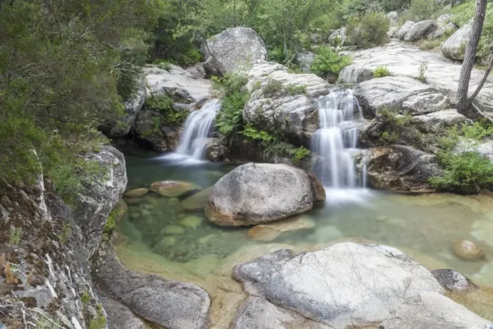 Framed Print : View of the Purcaraccia waterfalls and natural pools in summer, Punta di Malanda Framed Print : View of the Purcaraccia waterfalls and natural pools in summer, Punta di Malanda