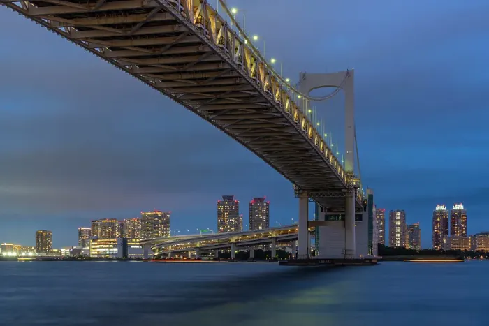 Framed Print : View of the Rainbow Bridge and Koto City in background at dusk, Minato City, Tokyo, Honshu, Japan Framed Print : View of the Rainbow Bridge and Koto City in background at dusk, Minato City, Tokyo, Honshu, Japan