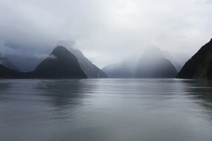 Framed Print : View down rainswept Milford Sound, mountains obscured by cloud, Milford Sound, Fiordland Framed Print : View down rainswept Milford Sound, mountains obscured by cloud, Milford Sound, Fiordland