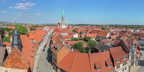 View from Raven Tower across the Old Town towards Church of St. Mary, Muhlhausen, Thuringia, Germany, Europe