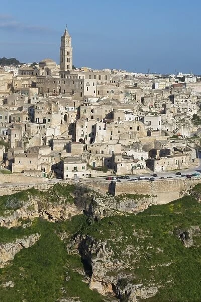 View of the ravine and the Sassi area of Matera with Matera Cathedral, Matera, Basilicata, Italy, Europe