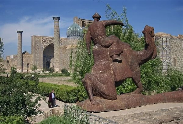 View of Registan with statue of camel, Samarkand, Uzbekistan, Central Asia, Asia