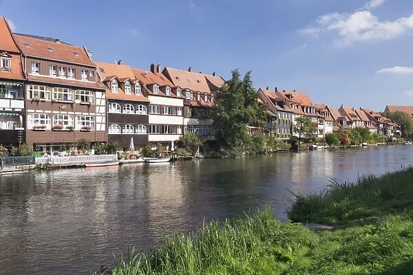 View over Regnitz River to Little Venice (Kleinvenedig), UNESCO World Heritage Site, Bamberg, Franconia, Bavaria, Germany, Europe