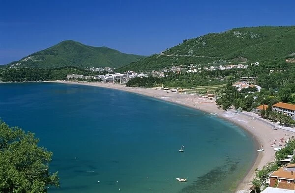View over resort and beach, Rafailovici, The Budva Riviera, Montenegro, Europe