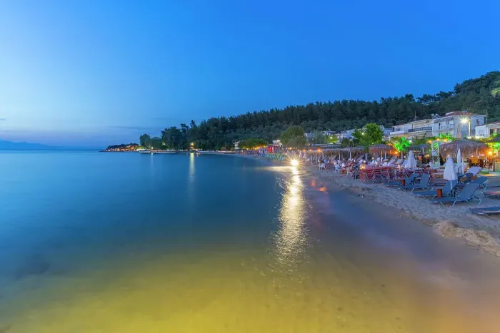 Framed Print : View of restaurant on beach at dusk, Thassos Town, Thassos, Aegean Sea, Greek Islands, Greece, Europe