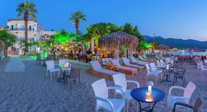 Framed Print : View of restaurant on beach after sunset, Thassos Town, Thassos, Aegean Sea, Greek Islands, Greece, Europe
