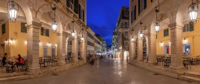 Framed Print : View of restaurant on Nikiforou Theotoki at dusk, Corfu Town, Corfu, Ionian Sea, Greek Islands, Greece, Europe Framed Print : View of restaurant on Nikiforou Theotoki at dusk, Corfu Town, Corfu, Ionian Sea, Greek Islands, Greece, Europe