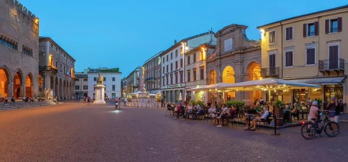 Framed Print : View of restaurant in Piazza Cavour in Rimini at dusk, Rimini, Emilia-Romagna, Italy, Europe