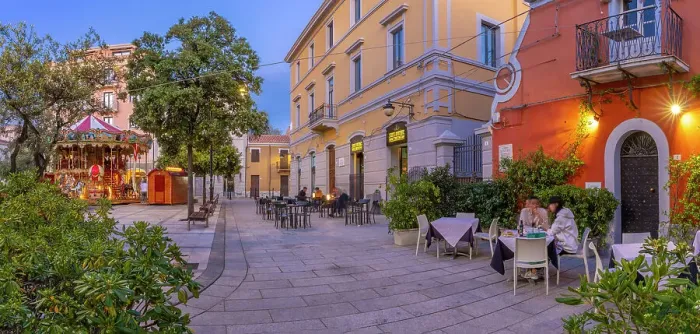 Framed Print : View of restaurant on Piazza Matteotti at dusk, Olbia, Sardinia, Italy, Mediterranean, Europe Framed Print : View of restaurant on Piazza Matteotti at dusk, Olbia, Sardinia, Italy, Mediterranean, Europe