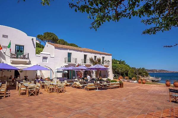 View of restaurant in Piazza Rafael Neville, Porto Rafael, Sardinia, Italy, Mediterranean, Europe