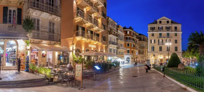Framed Print : View of restaurants and bars in Pot throwing (Botides) at dusk, Corfu Town, Corfu, Ionian Sea, Greek Islands, Greece, Europe Framed Print : View of restaurants and bars in Pot throwing (Botides) at dusk, Corfu Town, Corfu, Ionian Sea, Greek Islands, Greece, Europe