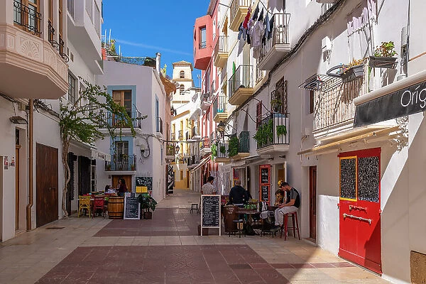 View of restaurants and cafes in Dalt Vila, UNESCO World Heritage Site, Ibiza Town, Eivissa, Balearic Islands, Spain, Mediterranean, Europe