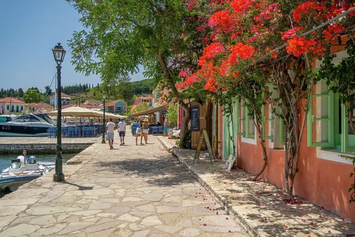 Framed Print : View of restaurants in Fiskardo harbour, Fiskardo, Kefalonia, Ionian Islands, Greek Islands, Greece, Europe Framed Print : View of restaurants in Fiskardo harbour, Fiskardo, Kefalonia, Ionian Islands, Greek Islands, Greece, Europe