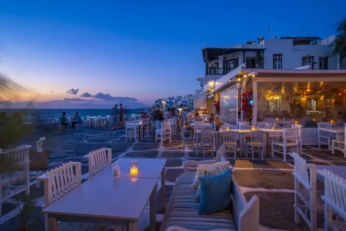 Framed Print : View of restaurants at Little Venice in Mykonos Town at night, Mykonos, Cyclades Islands Framed Print : View of restaurants at Little Venice in Mykonos Town at night, Mykonos, Cyclades Islands