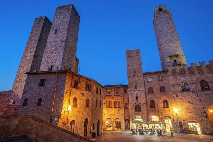Framed Print : View of restaurants in Piazza del Duomo at dusk, San Gimignano, UNESCO World Heritage Site, Province of Siena, Tuscany, Italy, Europe Framed Print : View of restaurants in Piazza del Duomo at dusk, San Gimignano, UNESCO World Heritage Site, Province of Siena, Tuscany, Italy, Europe
