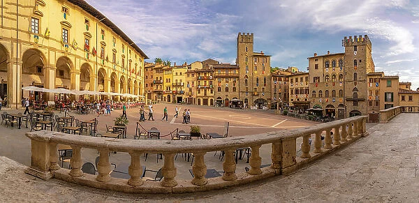 View of restaurants in Piazza Grande, Arezzo, Province of Arezzo, Tuscany, Italy, Europe