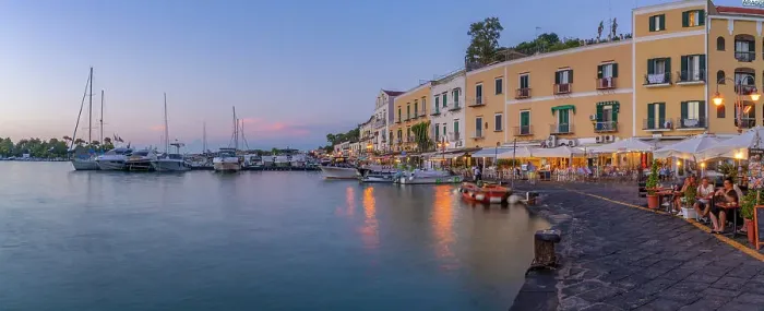 Framed Print : View of restaurants in Porto d'Ischia (Port of Ischia) at dusk, Island of Ischia, Campania, Italy, Europe Framed Print : View of restaurants in Porto d'Ischia (Port of Ischia) at dusk, Island of Ischia, Campania, Italy, Europe