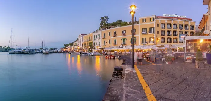 Framed Print : View of restaurants in Porto d'Ischia (Port of Ischia) at dusk, Island of Ischia, Campania, Italy, Europe Framed Print : View of restaurants in Porto d'Ischia (Port of Ischia) at dusk, Island of Ischia, Campania, Italy, Europe