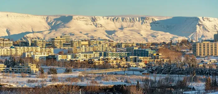Framed Print : View of Reykjavik and mountains in background on a sunny day in winter from Kopavogskirkja, Reykjavik, Iceland