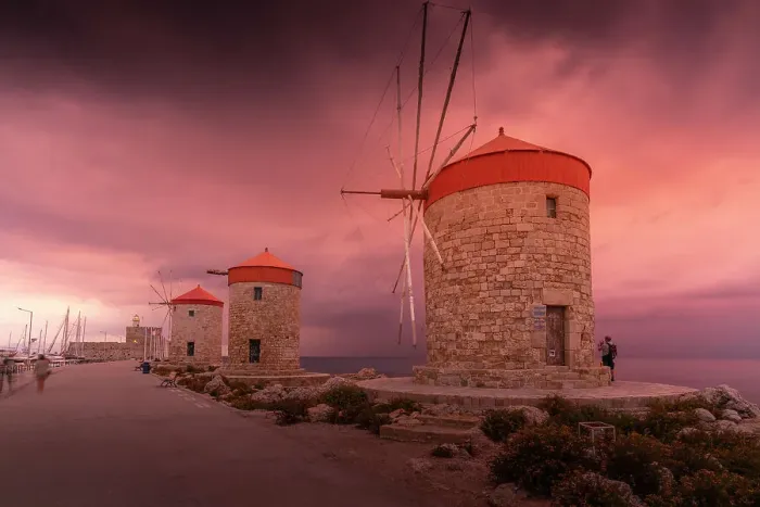Framed Print : View of Rhodes Windmills at sunset, Old Rhodes Town, Rhodes, Dodecanese, Greek Islands, Greece, Europe Framed Print : View of Rhodes Windmills at sunset, Old Rhodes Town, Rhodes, Dodecanese, Greek Islands, Greece, Europe