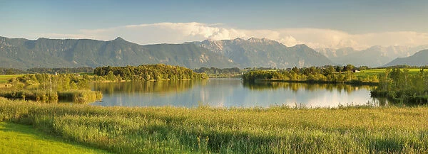 View over Riegsee Lake to Zugspitze and Wettersteingebirge Mountains, Upper Bavaria