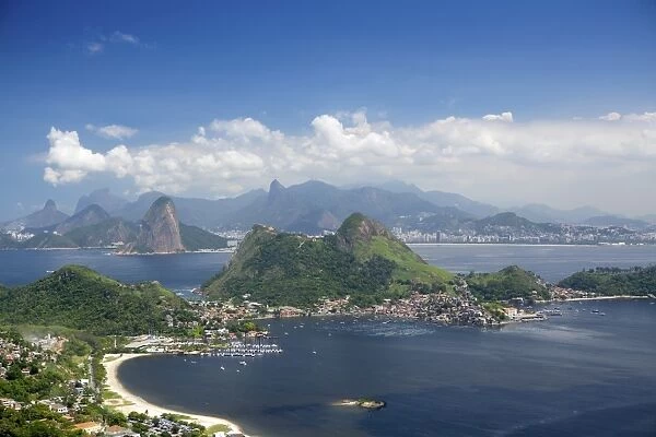 View of Rio, the Serra da Carioca mountains and Sugar Loaf with Charitas and Sao
