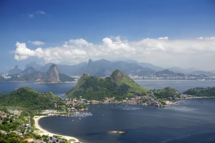 Framed Print : View of Rio, the Serra da Carioca mountains and Sugar Loaf with Charitas and Sao Framed Print : View of Rio, the Serra da Carioca mountains and Sugar Loaf with Charitas and Sao